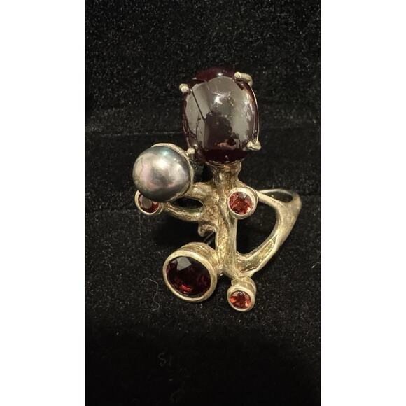 Size 8.5 Silver Ring, Plated In Gold, Garnets And Tahitian Pearl Settings
